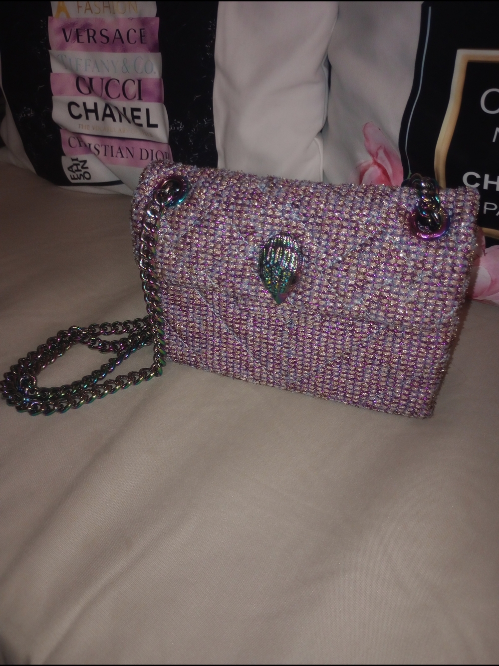 Kurt Geiger Purple And Gold Tweed Crossbody Bag With Oil Slick Hardware